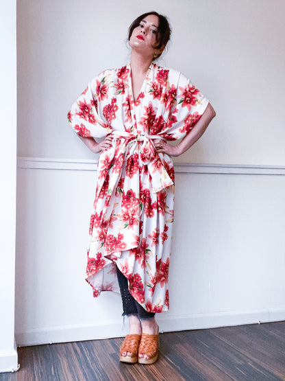 Print High Low Kimono Coral Lily Floral