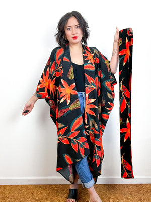 Print High Low Kimono Black Red Tropical Challis