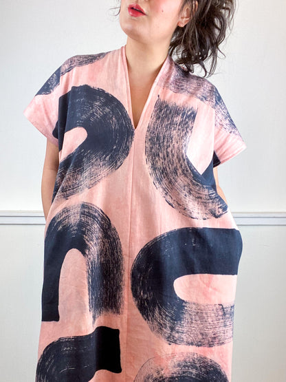 Hand-Dyed Sweatshirt Smock Dress Blush Black Brushstrokes
