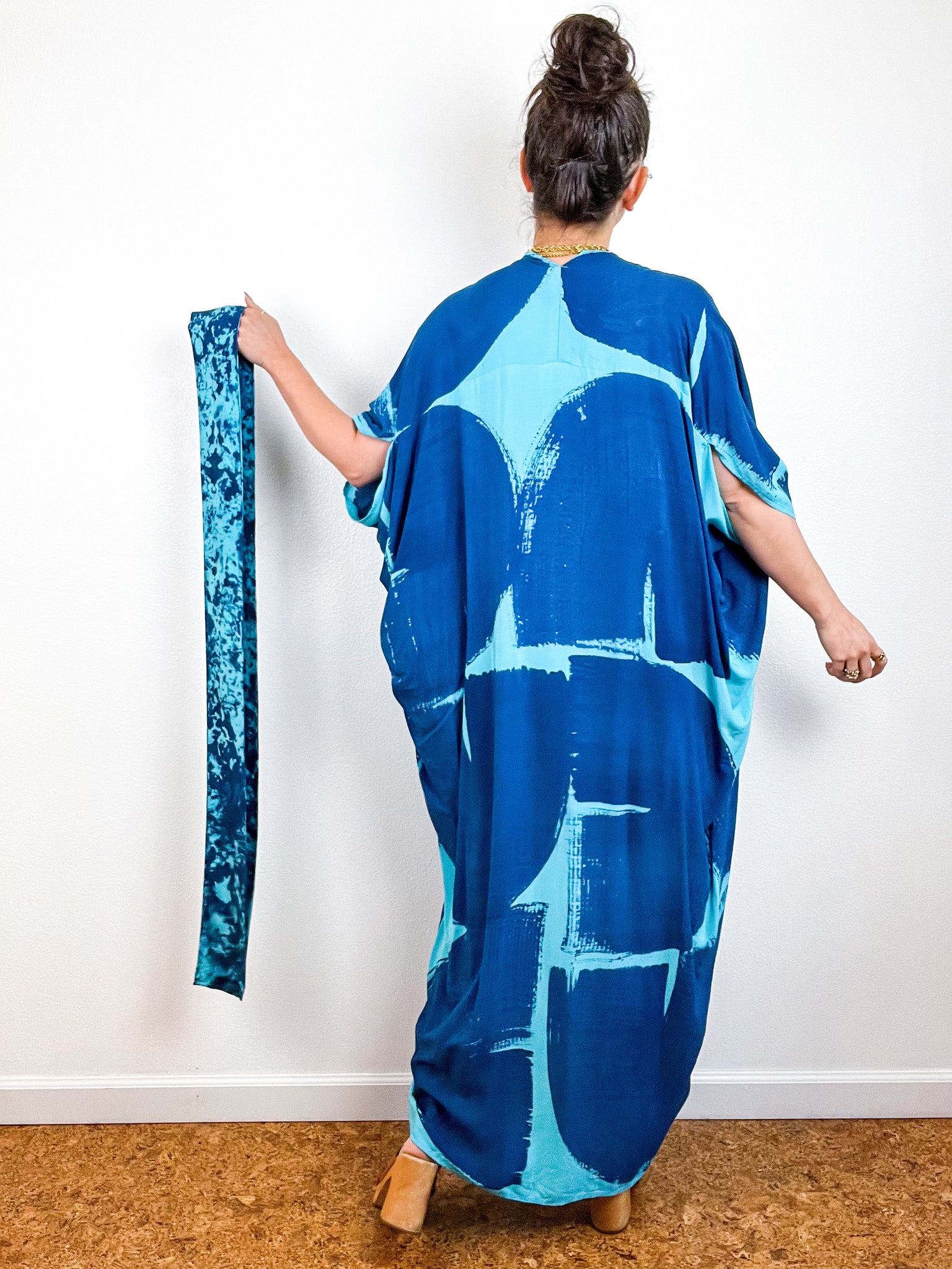 Hand-Dyed High Low Kimono Aqua Indigo Brushstroke