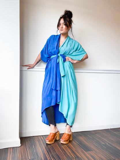 Hand-Dyed High Low Long Kimono 2-Tone Aqua Blue