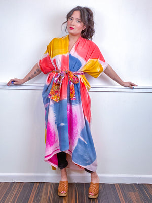 OOAK Hand-Dyed High Low Kimono Multicolor Brushstrokes