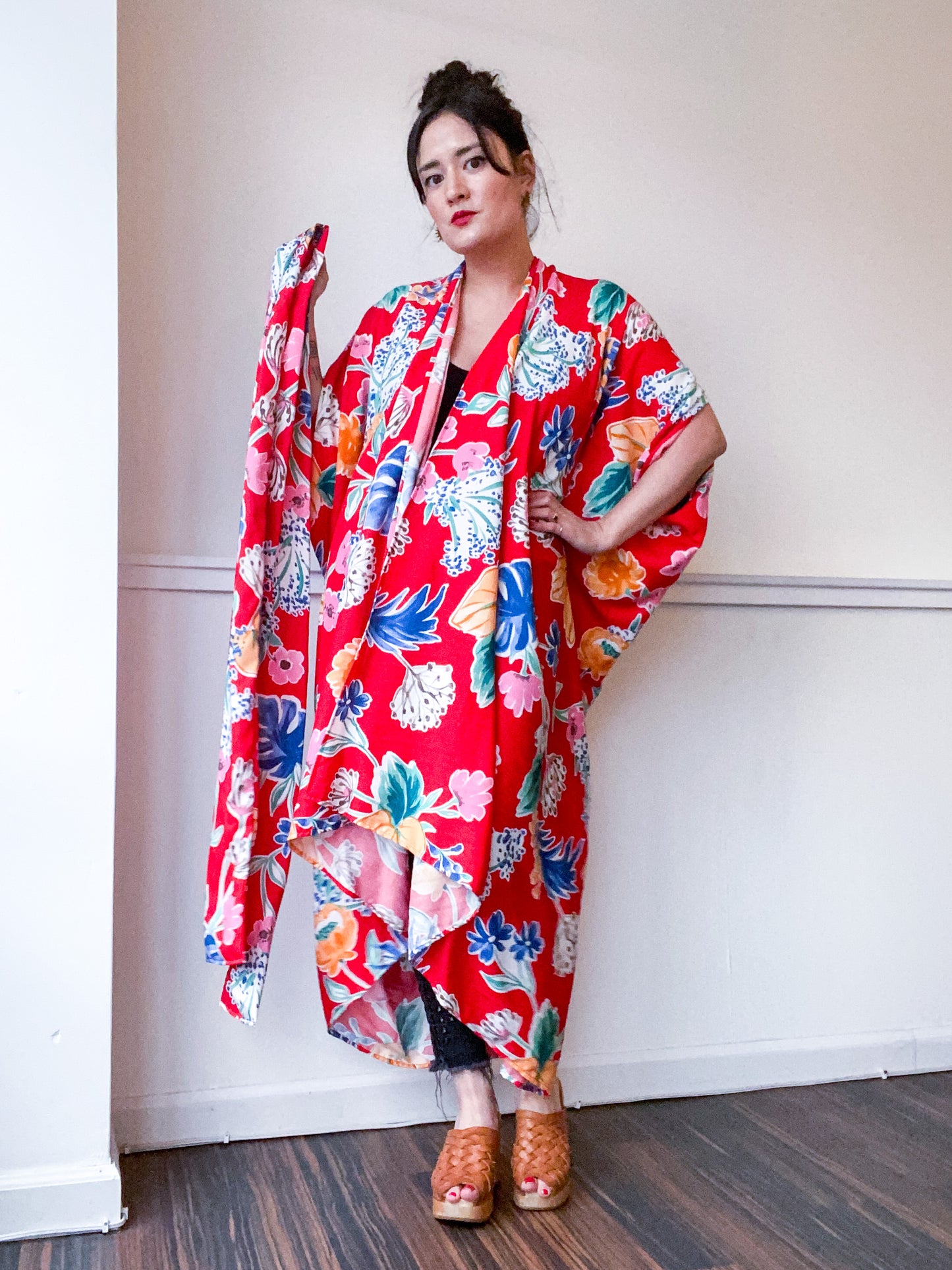 Print High Low Kimono Red Tropical