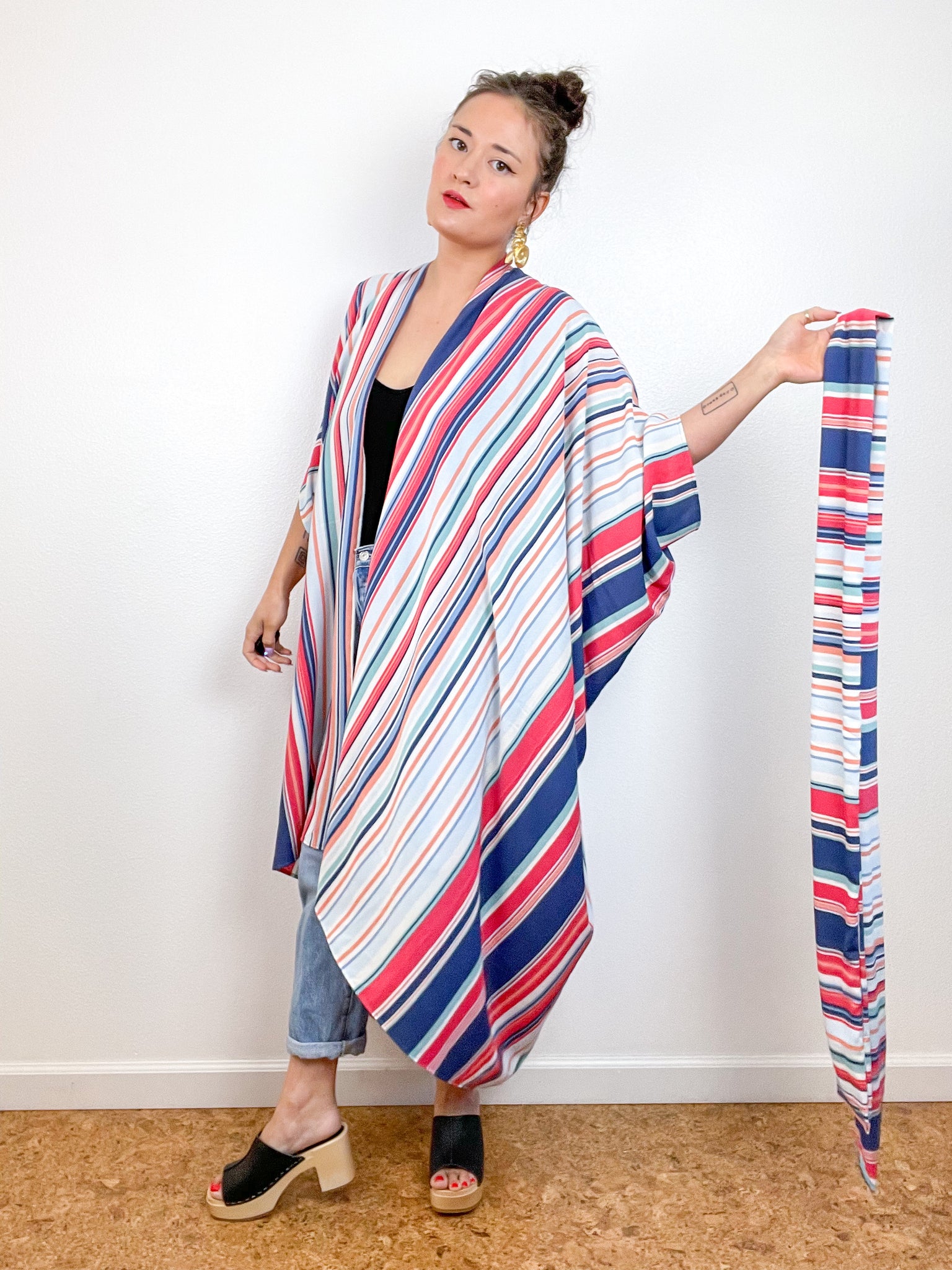 Print High Low Kimono Pastel Stripes Rayon Crepe