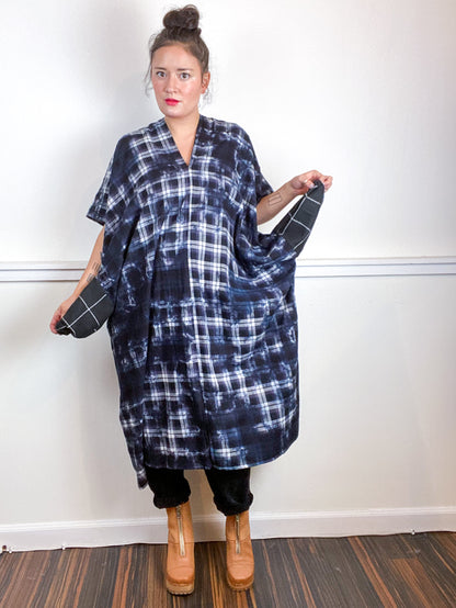 Over-Dye Plaid Smock Dress Black White Lavender