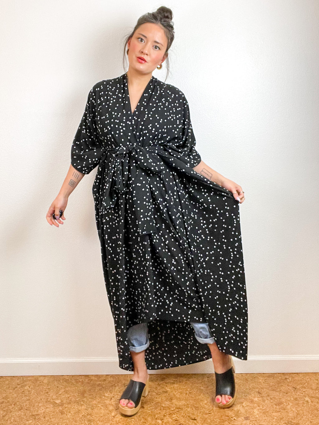 High Low Kimono Black White Dots Bubble Crepe