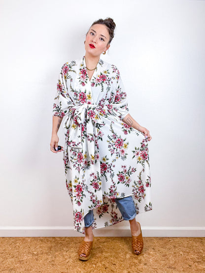 Print High Low Kimono Ivory Floral Bubble Crepe