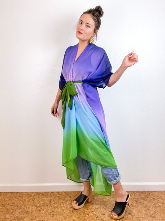 Print High Low Kimono Purple Green Ombre Chiffon