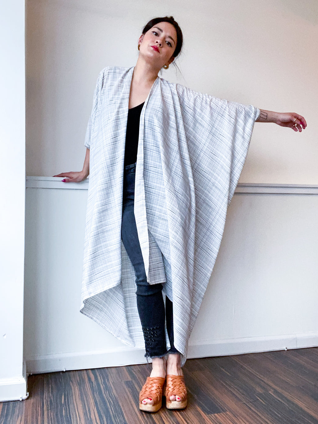 Print High Low Kimono Graphic Lines