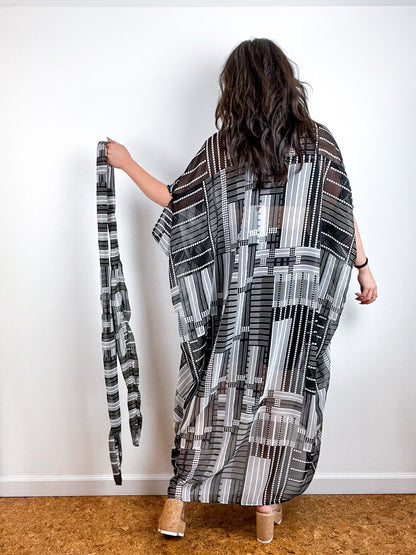 Print High Low Kimono Black Lines Dots Chiffon