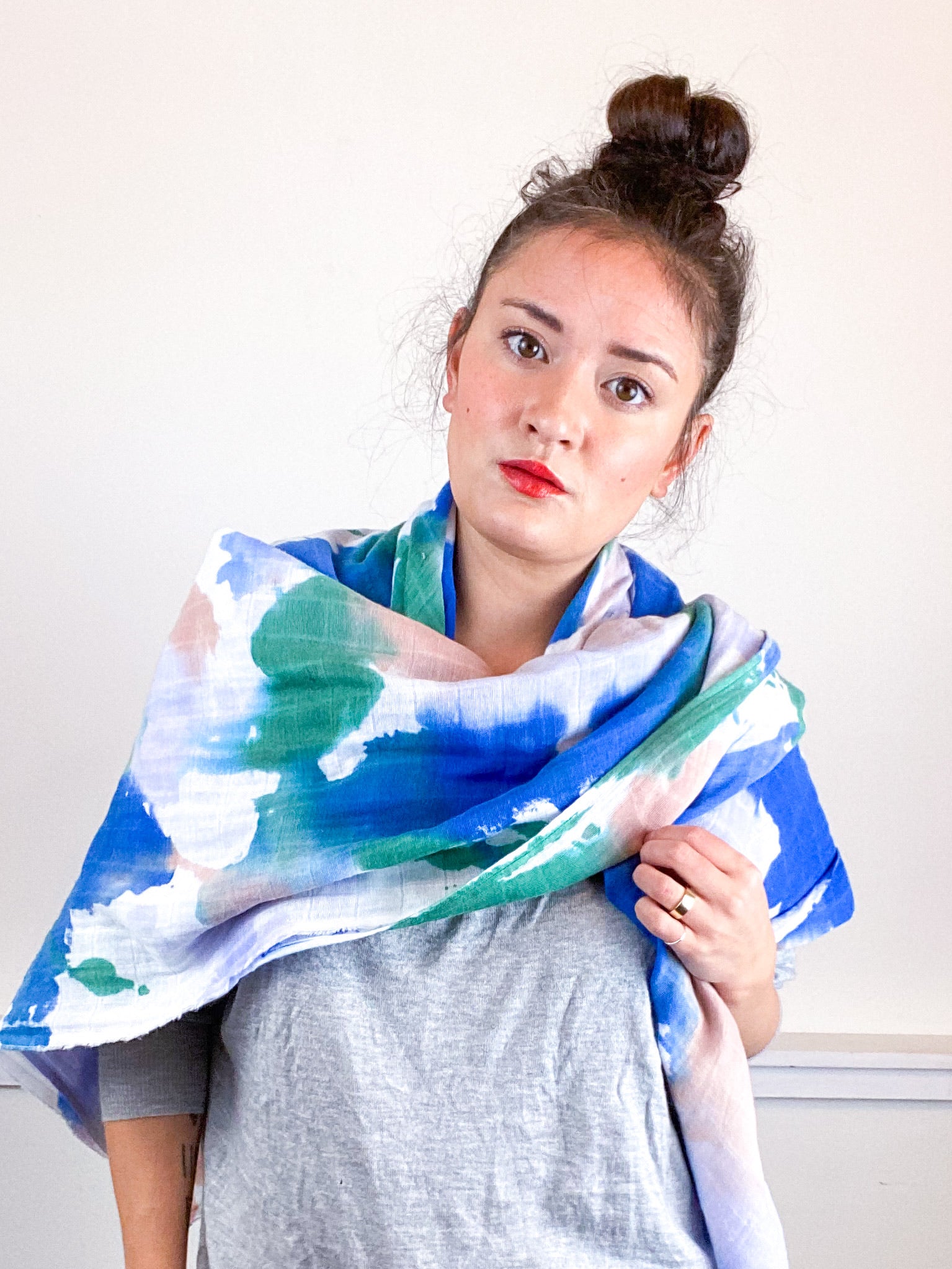 Hand-Dyed Large Square Scarf Wisteria Sky Pink Sea