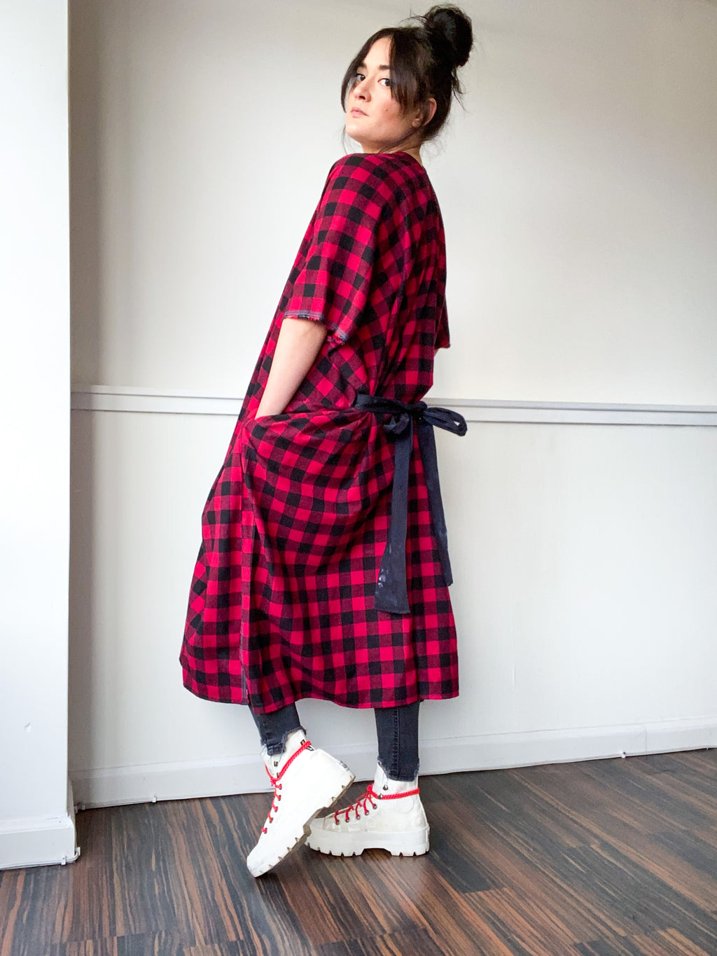 Everyday Midi Kimono Dress Plaid Red Check