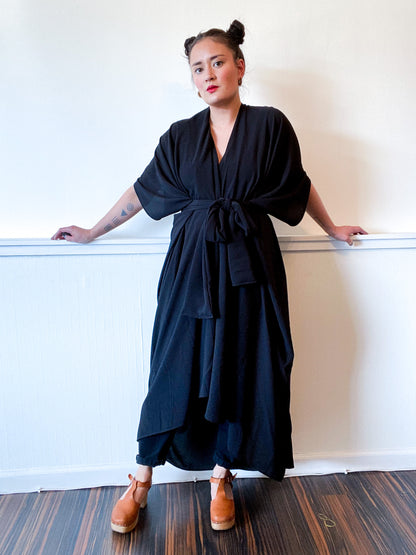 Solid High Low Kimono Black Crepe De Chine