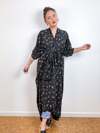 Print High Low Kimono Black Mini Rose Bubble Crepe