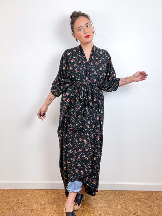 Print High Low Kimono Black Mini Rose Bubble Crepe
