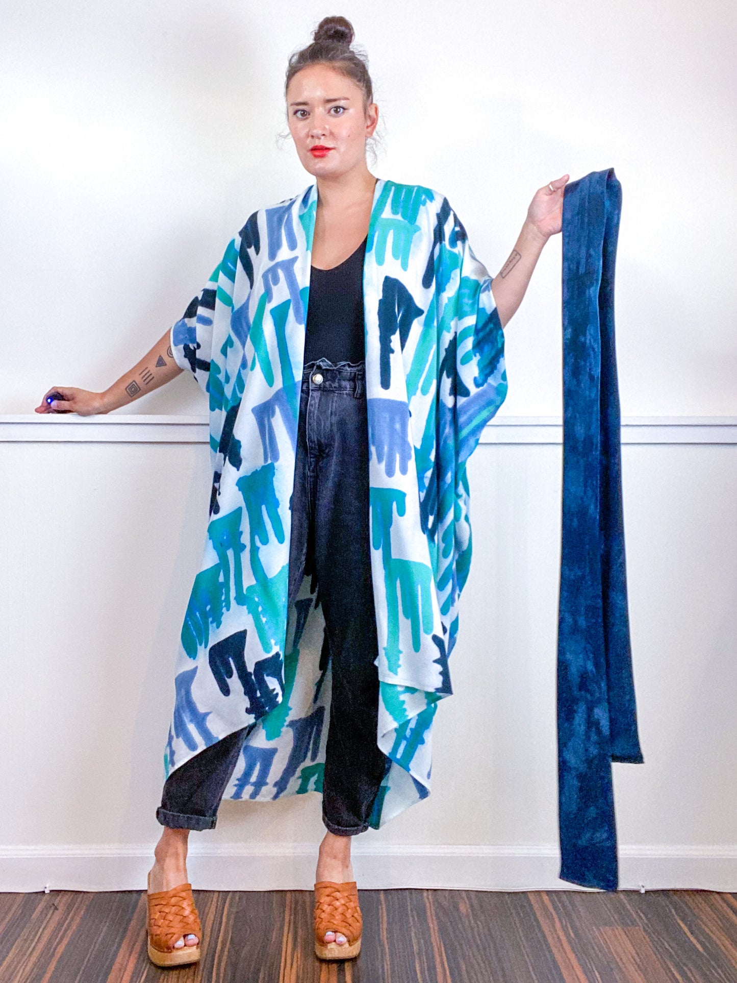 OOAK Hand-Dyed High Low Kimono Teal Parakeet Baby Blue Aqua Drips