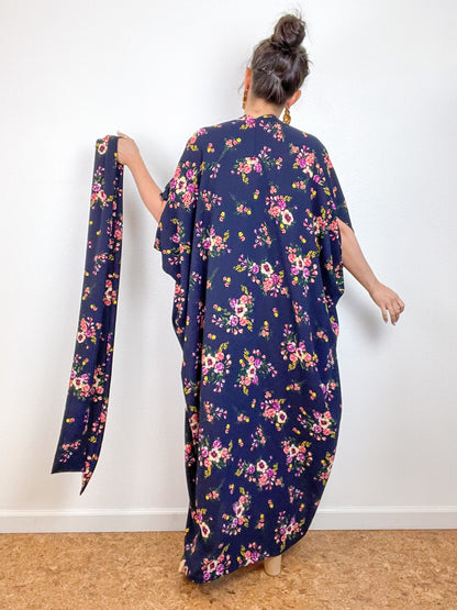 Print High Low Kimono Navy Floral Bouquet Bubble Crepe