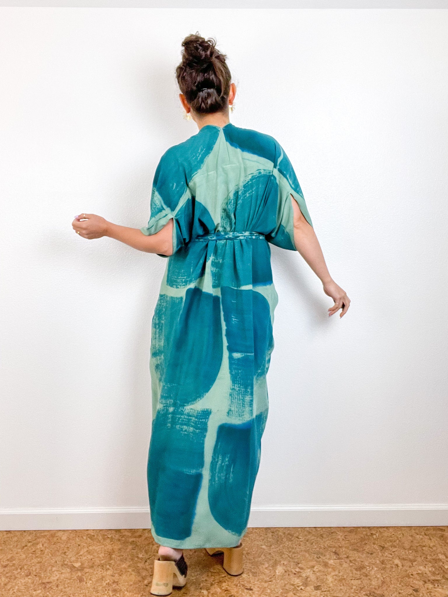 Hand-Dyed High Low Kimono Sage Teal Brushstroke