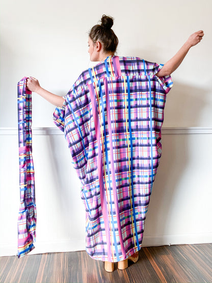 Print High Low Kimono Aqua Lilac Plaid