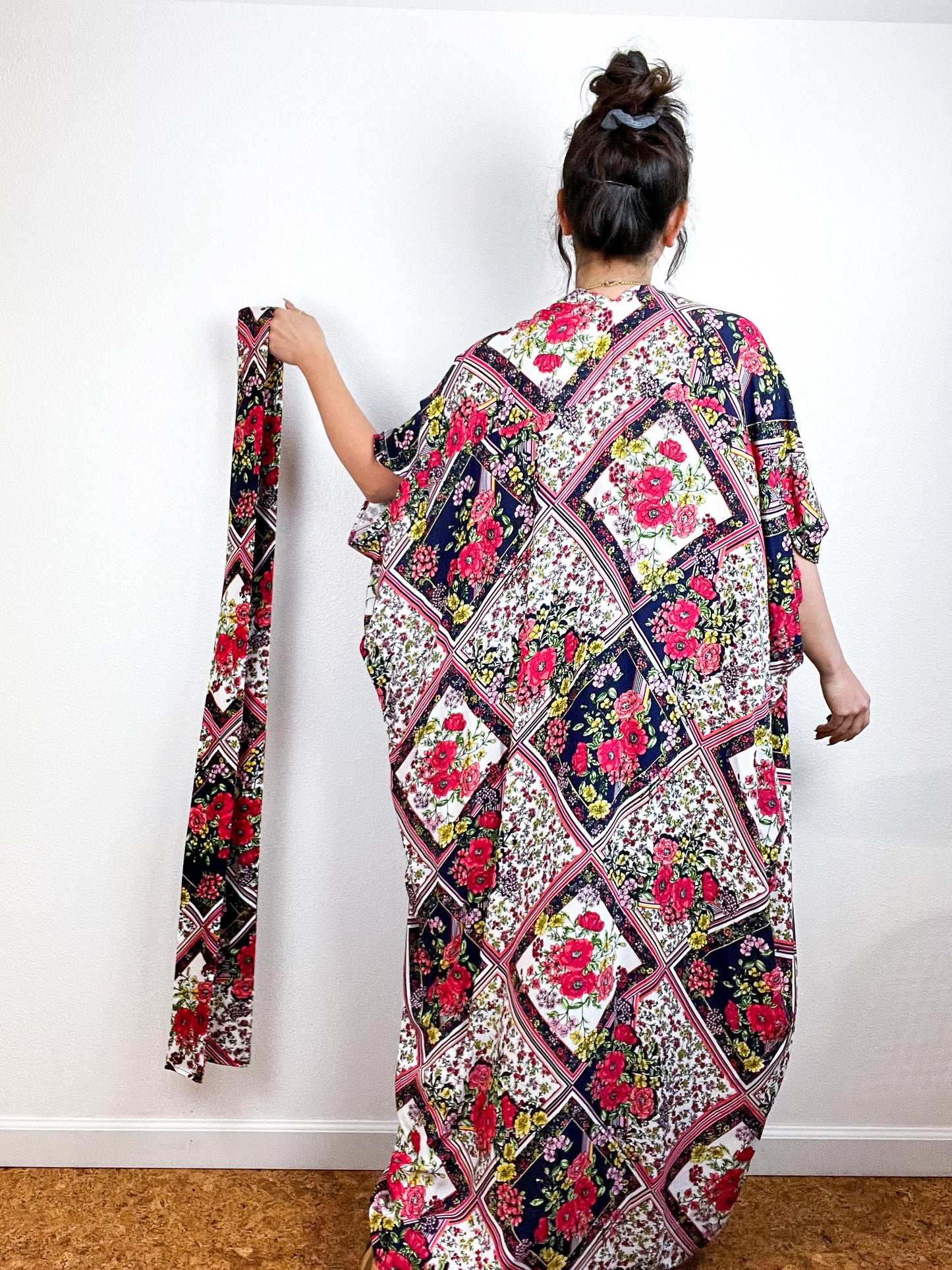 Print High Low Kimono Navy Patchwork Floral Challis