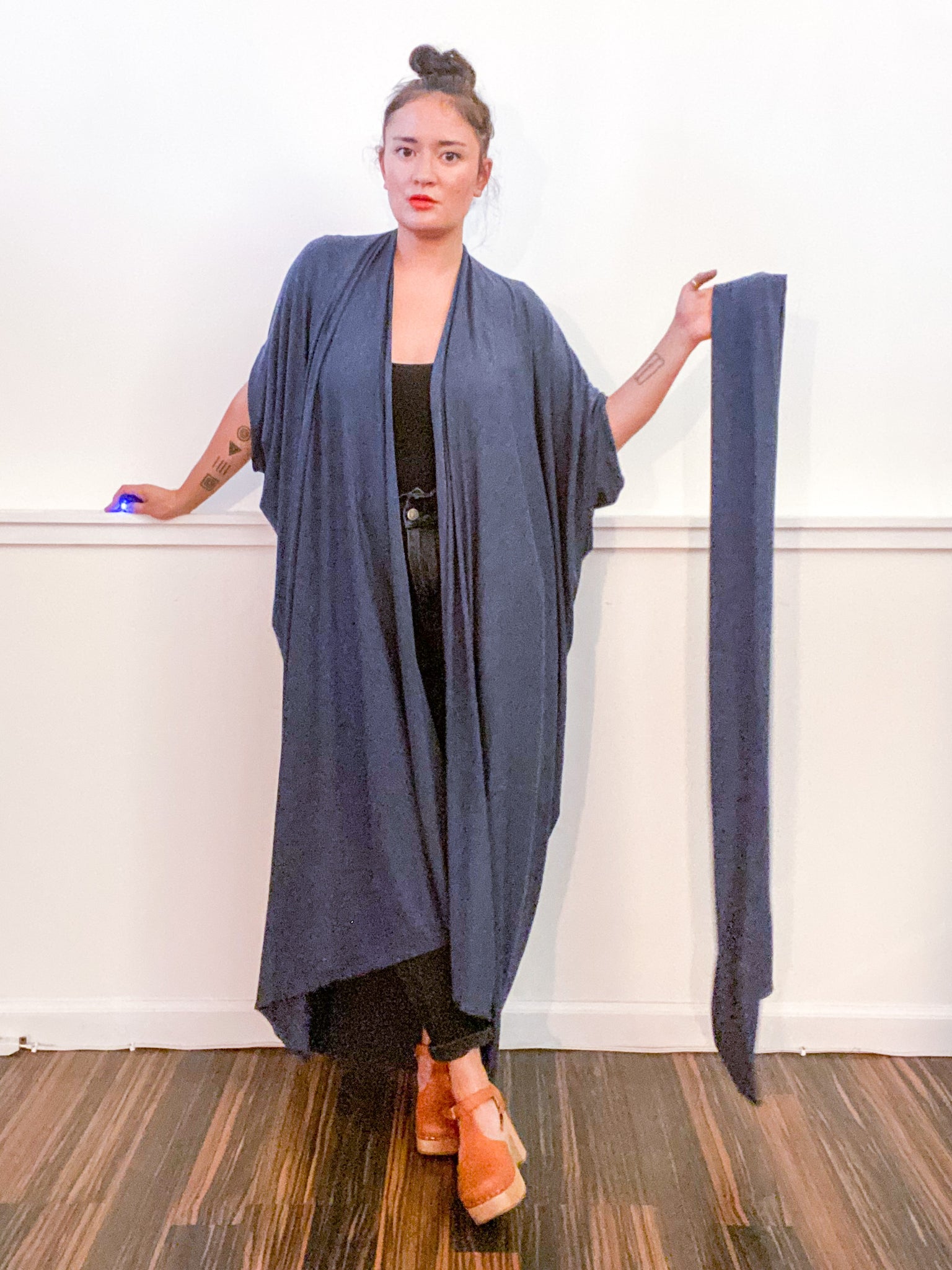 Solid High Low Kimono Heather Navy Knit