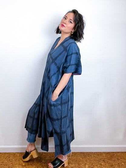 Hand-Dyed Midi Smock Dress Navy Black Windowpane
