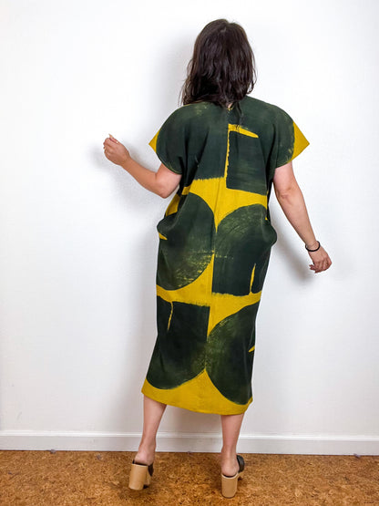 Hand-Dyed Midi Smock Dress Brass Black Brush