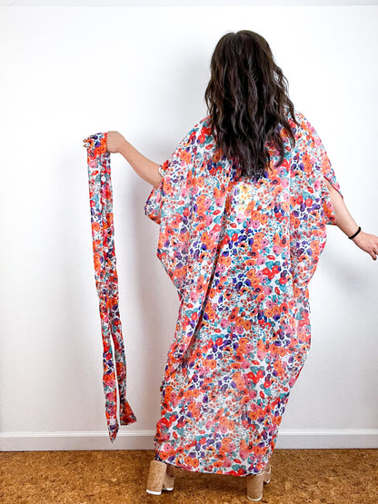 Print High Low Kimono Coral Mini Floral Chiffon