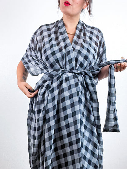 Print High Low Kimono Black Grey Checker Chiffon