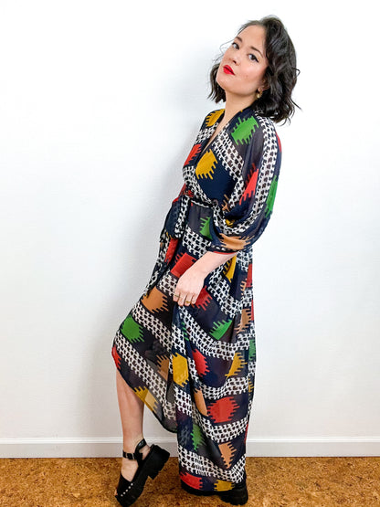 Print High Low Kimono Navy Graphic Print Chiffon