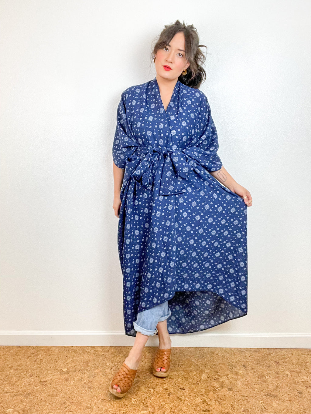 Print High Low Kimono Navy Bandana Crinkle Gauze