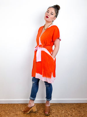 Single Gauze Mini Caftan Dress Blush Tangerine Brushstrokes