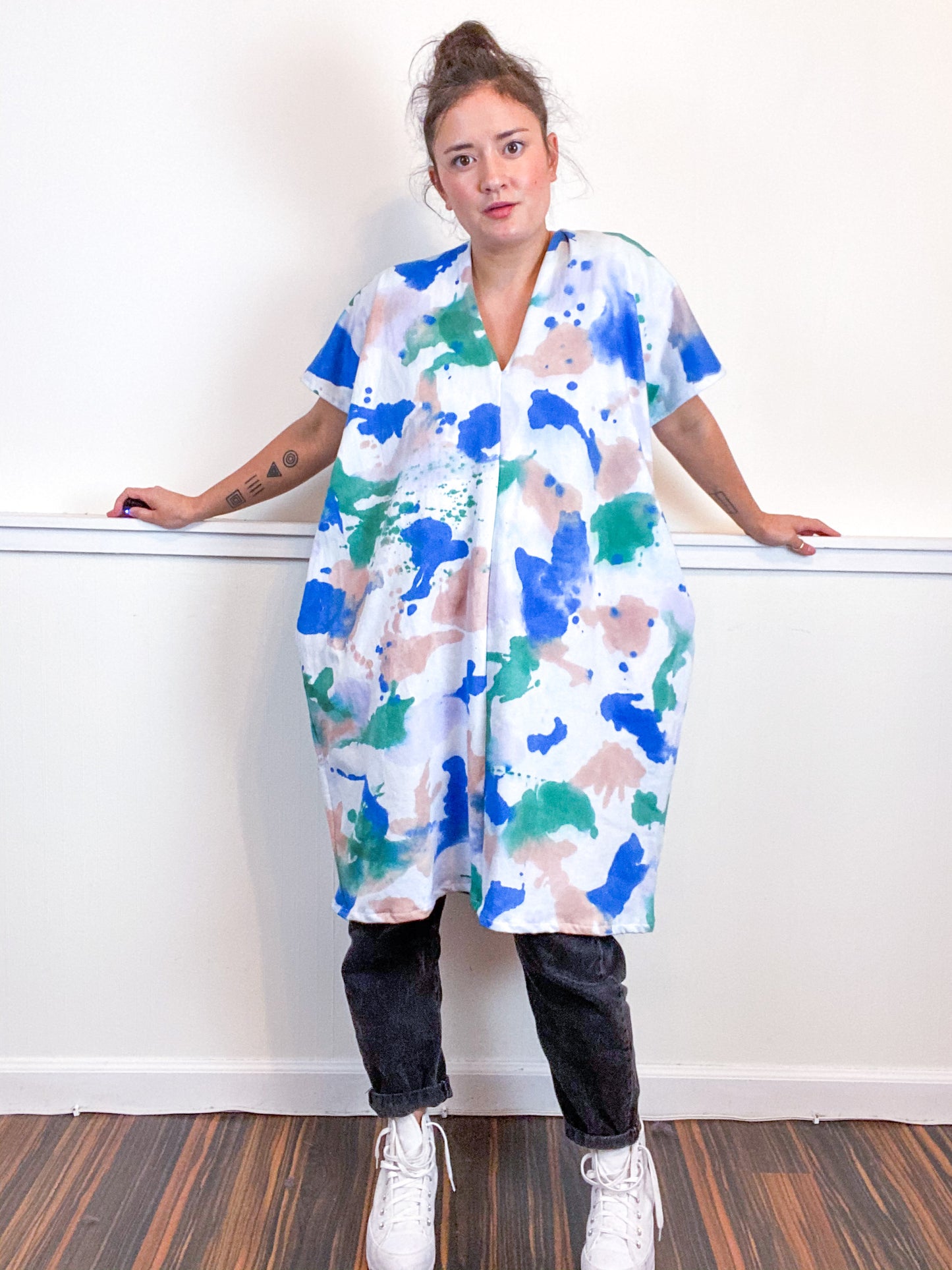 Hand-Dyed Sweatshirt Smock Dress Pink Sky Wisteria Sea