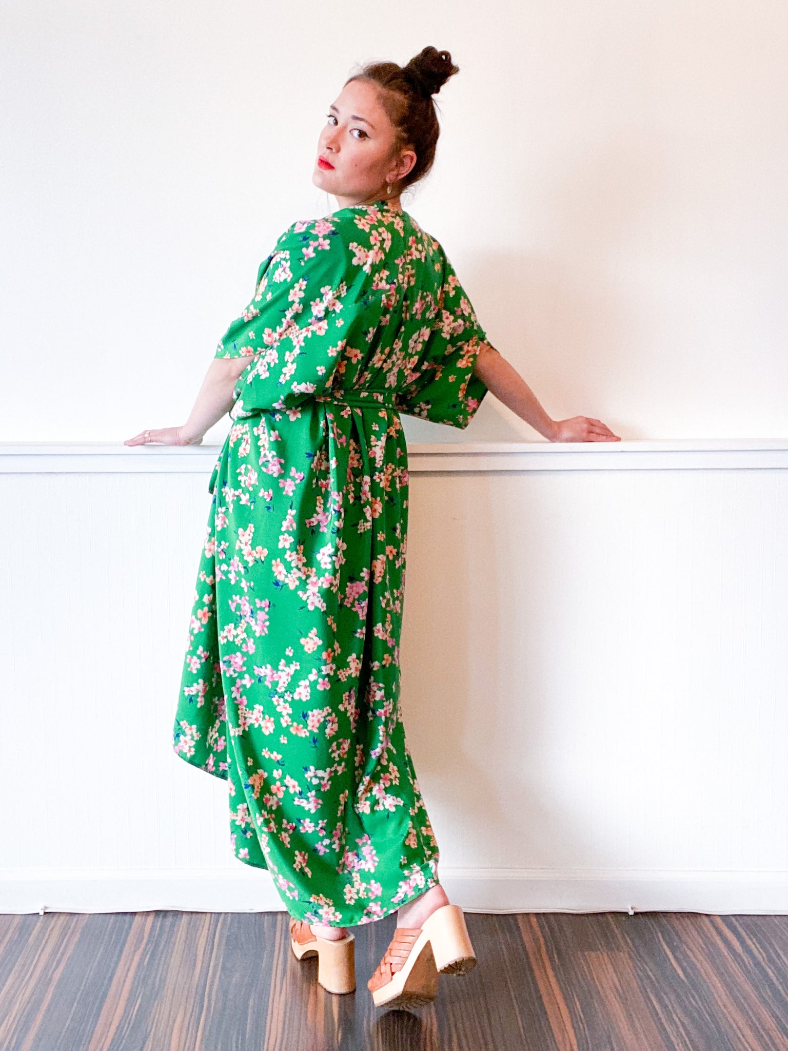 Print High Low Kimono Green Floral Crepe de Chine