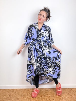 High Low Kimono Periwinkle Palms Rayon Challis