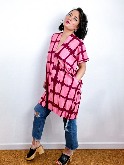 Hand-Dyed Mini Smock Dress Pink Maroon Windowpane