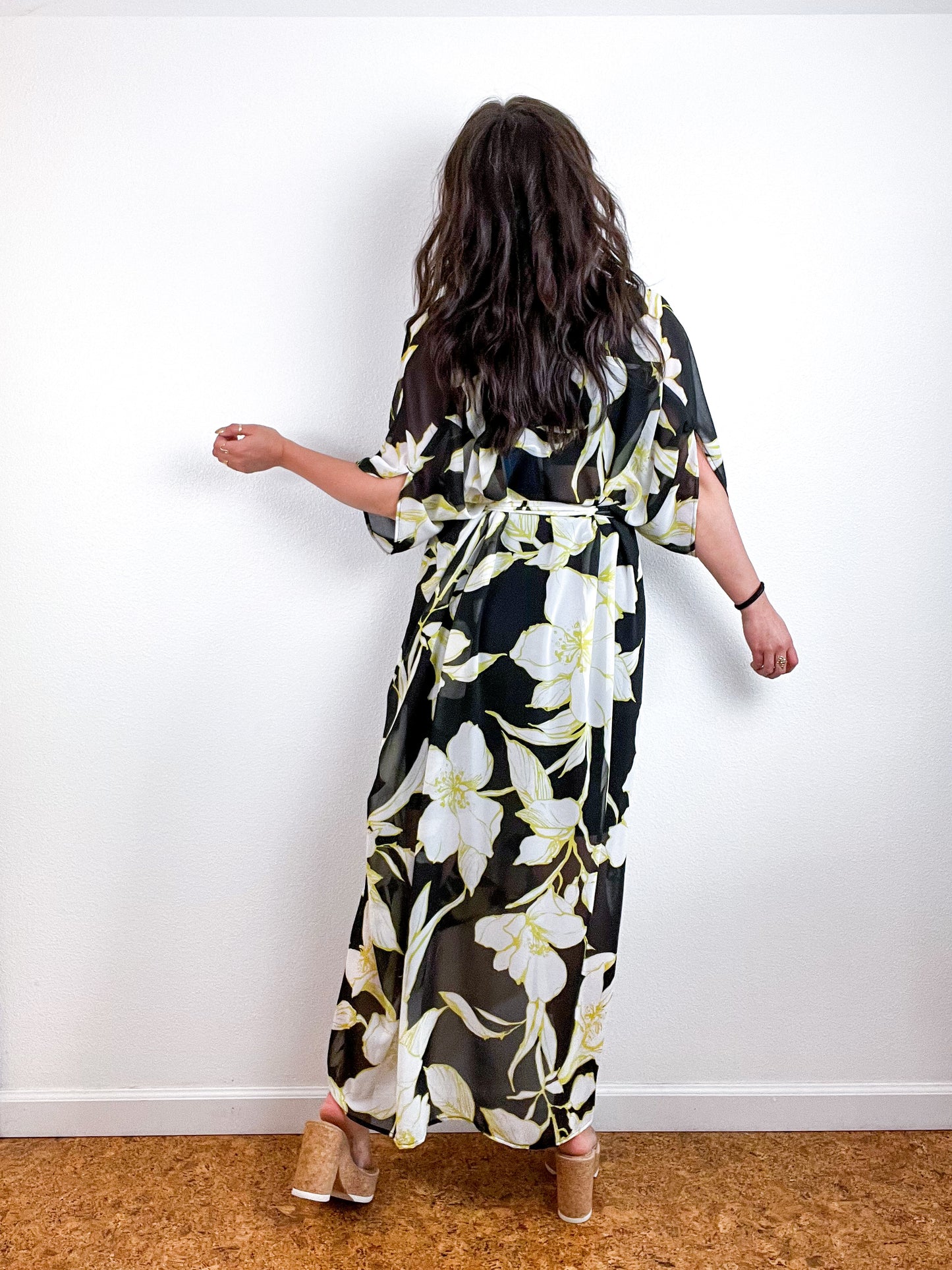 Print High Low Kimono Black Chartreuse Outline Floral Chiffon