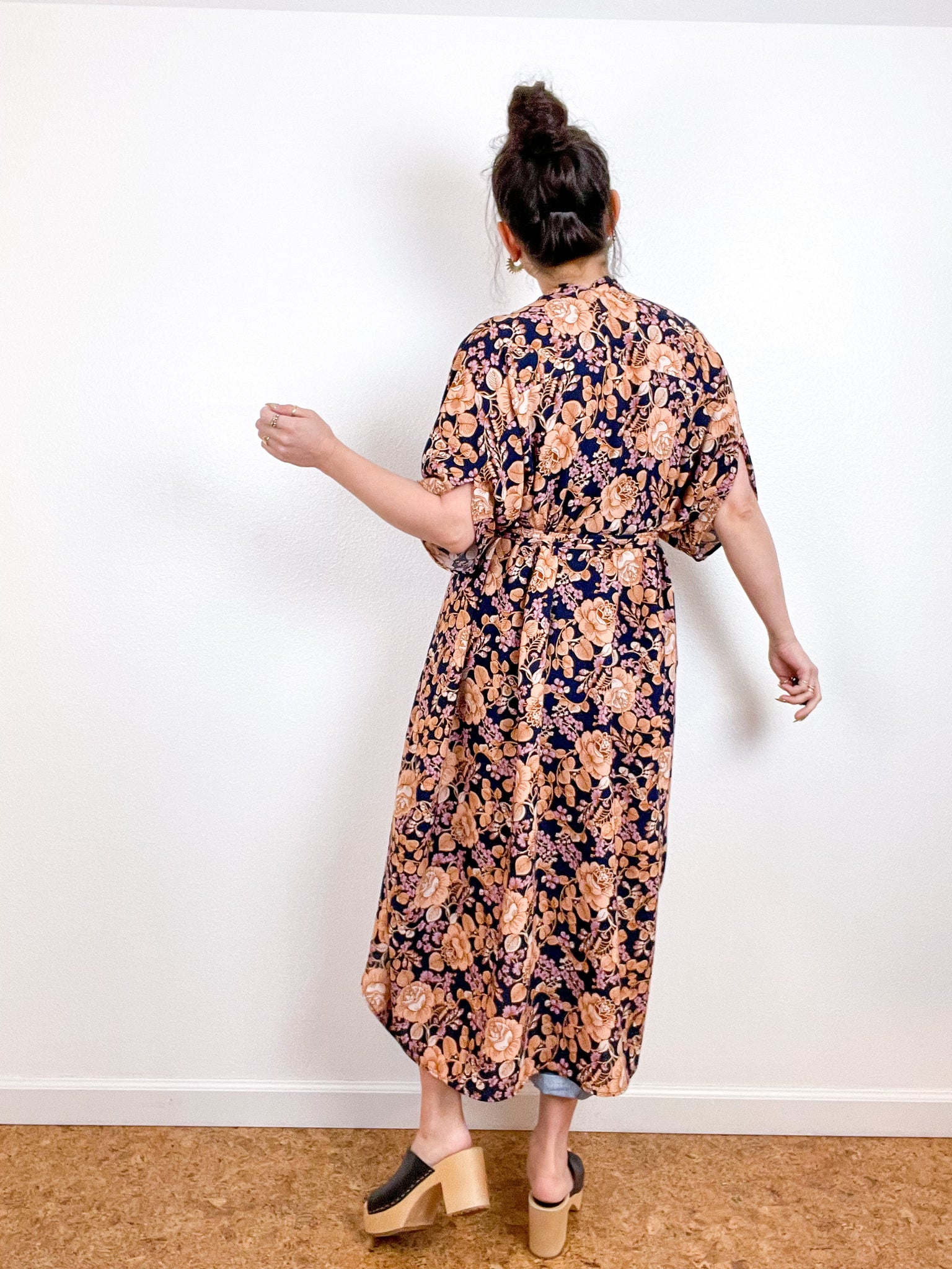 High Low Kimono Navy Peach Boho Rayon Crepe