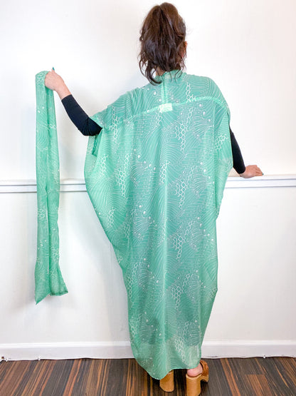 Print High Low Kimono Mint Swirl Chiffon