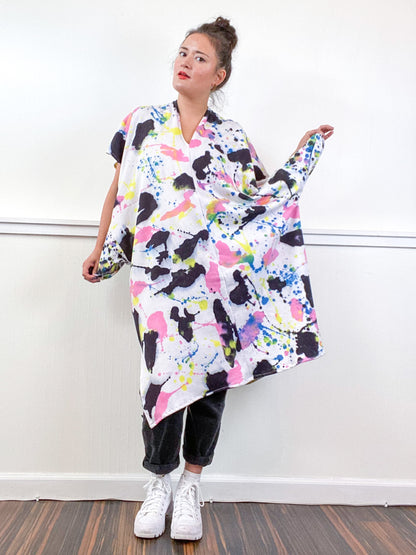 OOAK Hand-Dyed Sweatshirt Smock Dress Size Medium Pink Raven Royal Lemon