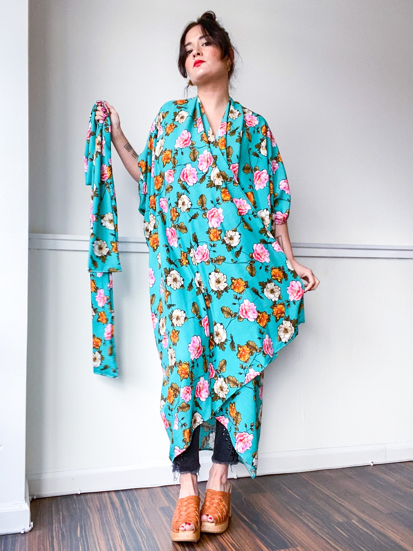 Print High Low Kimono Turquoise Floral