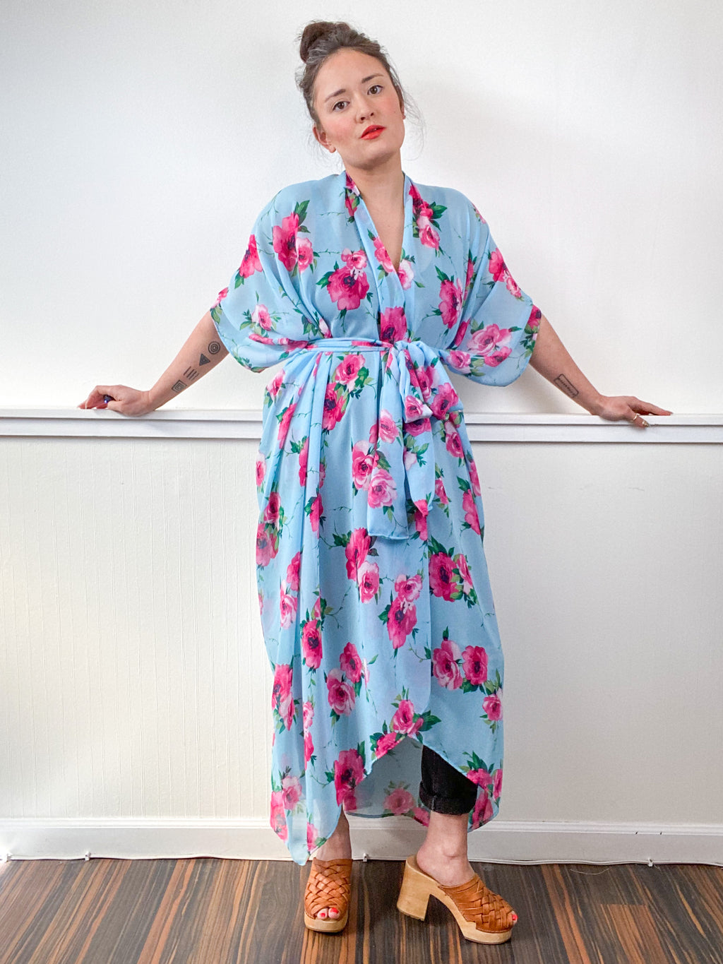 Print High Low Kimono Baby Blue Pink Rose Chiffon