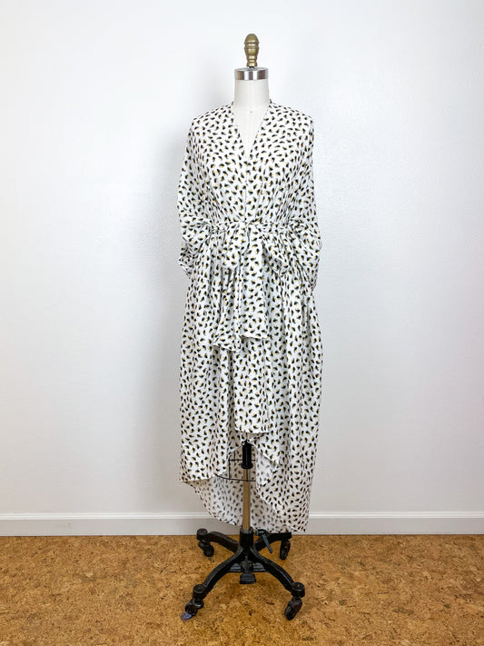 Print High Low Kimono Ivory Olive Mini Triangles Rayon Challis