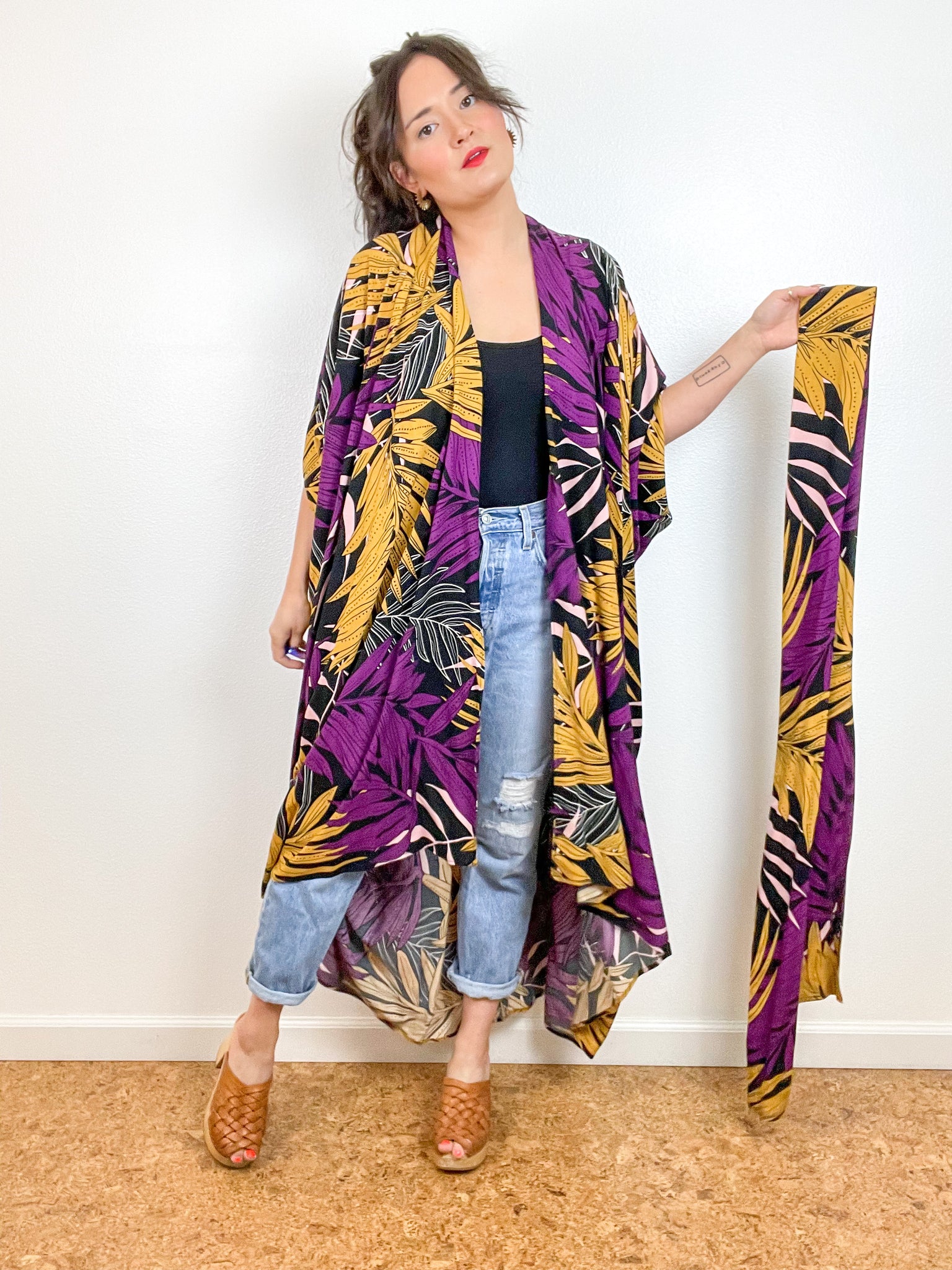 Print High Low Kimono Purple Palms Challis