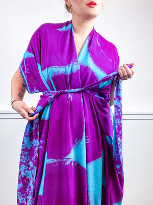 Hand-Dyed High Low Kimono Aqua Fuchsia Brushstroke