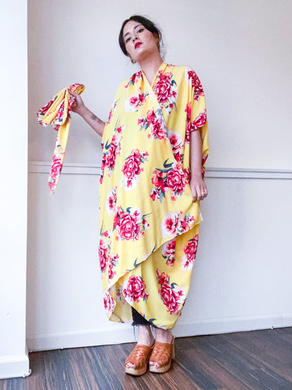 Print High Low Kimono Yellow Red Rose Floral Rayon Challis