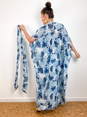Print High Low Kimono Blue Hydrangea Floral Chiffon
