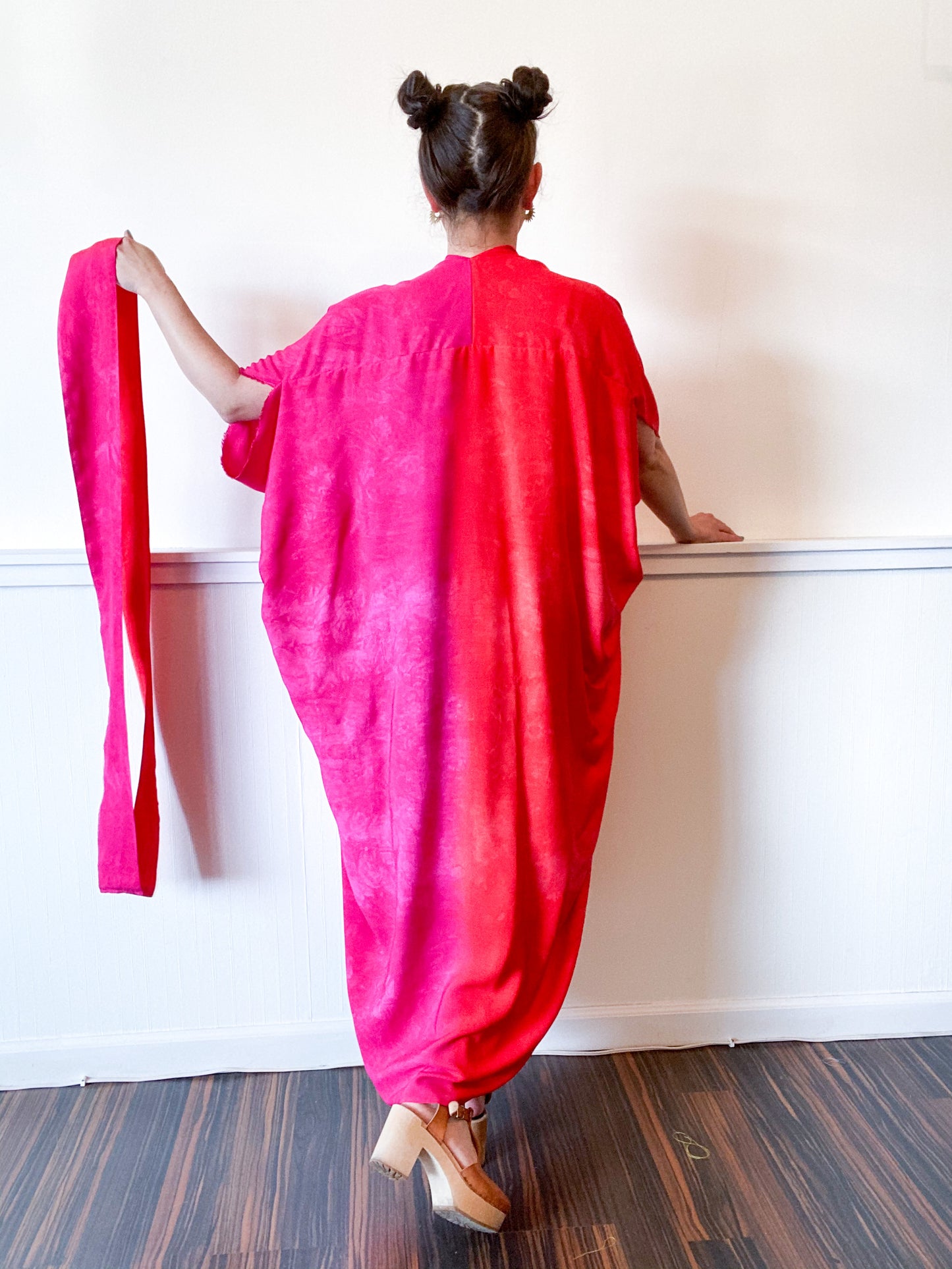 Hand-Dyed High Low Kimono Two Tone Fuchsia Scarlet