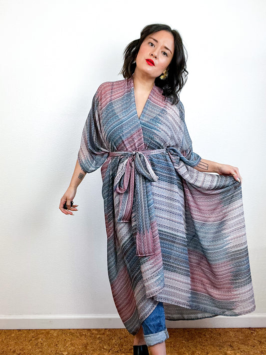 Print High Low Kimono Multi Herringbone Chiffon