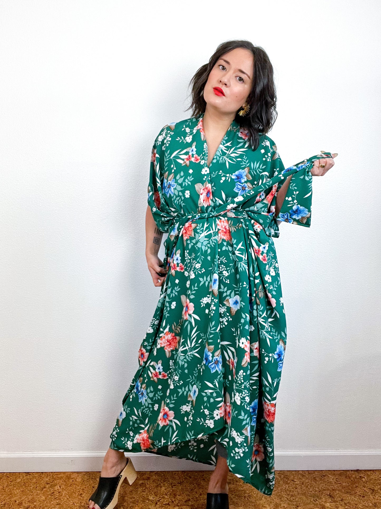 Print High Low Kimono Green Floral Georgette